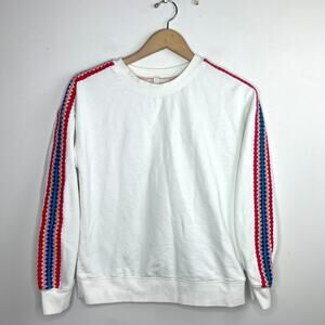 Boden Emi Pullover Sweatshirt Rainbow Crochet Sleeve Sz XS Cotton‎ Boho Dopamine